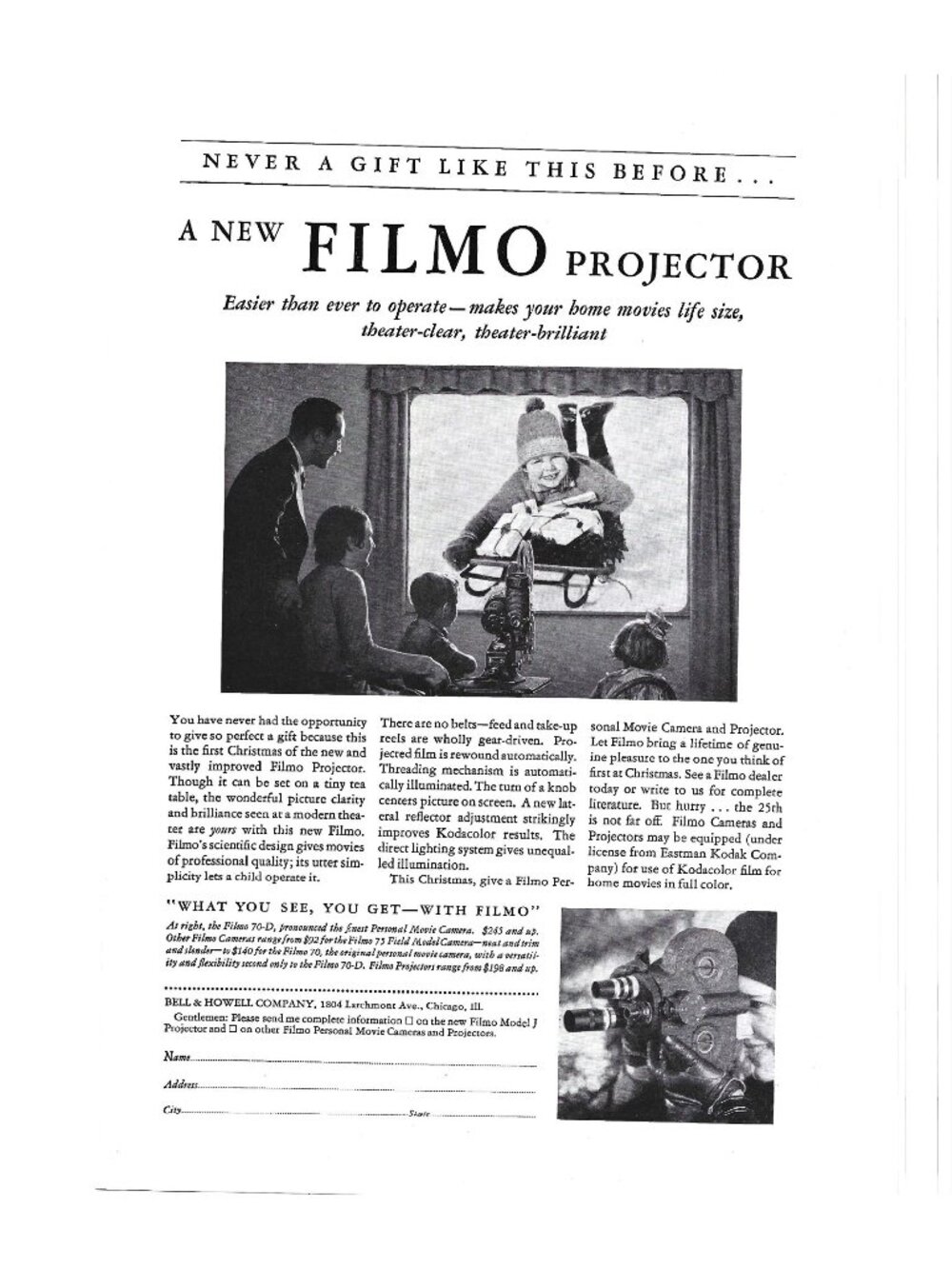 Print Ad Filmo Projector Christmas Home Movies Theater Clear Bell Howell Co AD